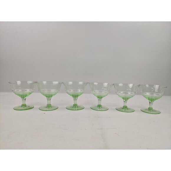 Uranium Green Depression Glass Footed Sherbert Cups 3.5" Set Of 6 - Picture 4 of 10